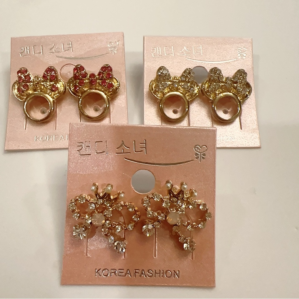 Korean Fashion 3 Pairs Minnie Mouse Ears/Bows/Rhinestones Bling Stud Earrings
